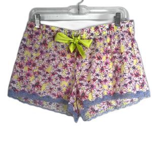 Victorias Secret Lace Trim Pajama Sleep Shorts Sz Small Ribbon Tie Floral Print